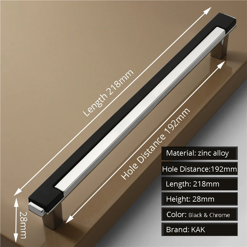 Measurement details of a black and chrome cabinet handle on a brown background