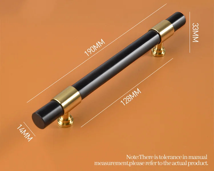 Cabinet handle with gold accents and measurements