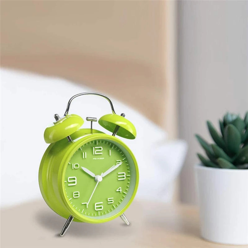 4 Inch Twin Bell Loud Alarm Clock Metal Frame 3D Dial with Backlight Battery Operate Desk Table Alarm Clock For Home and Office