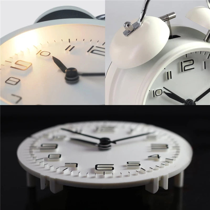 4 Inch Twin Bell Loud Alarm Clock Metal Frame 3D Dial with Backlight Battery Operate Desk Table Alarm Clock For Home and Office