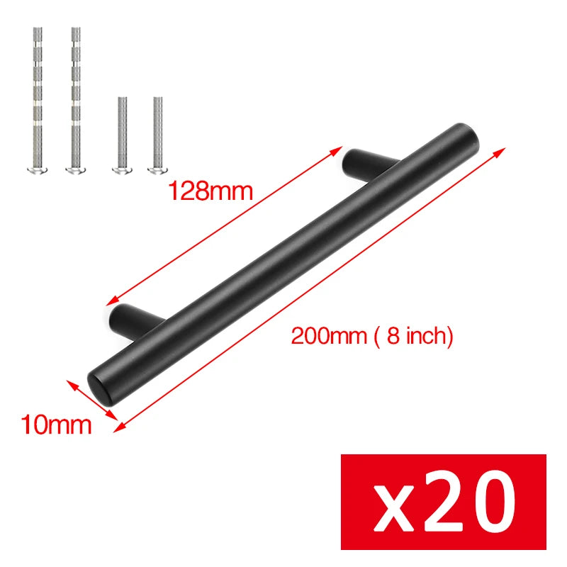 KAK 20pcs Brushed Gold Kitchen Handle Stainless Steel T Bar Door Pull 76mm 96mm Cabinet Knobs and Handles Black Furniture Handle