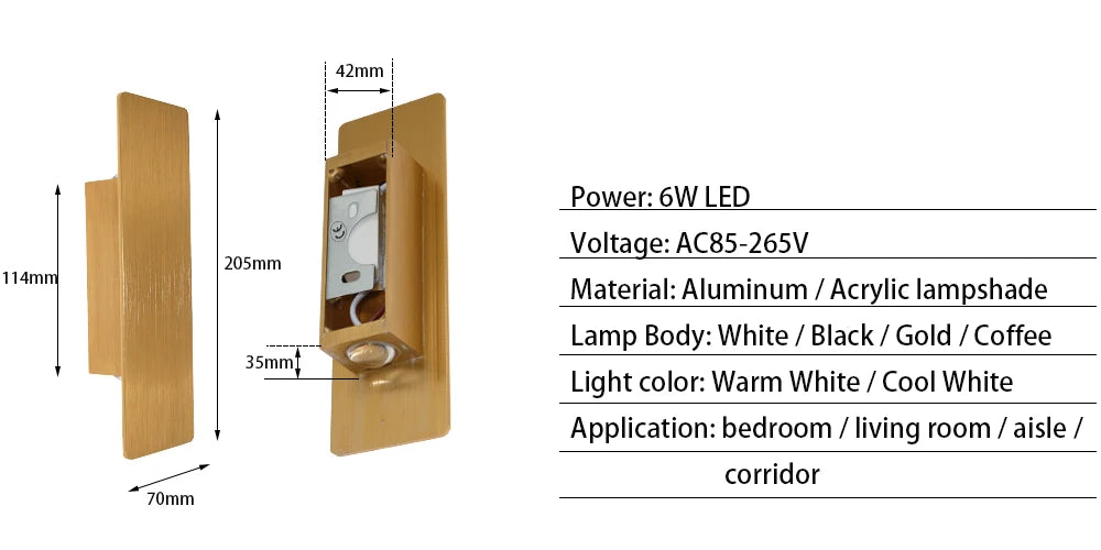 Modern Simple 6W LED Indoor Wall Lamp Bedroom Living Room Home Lighting Aisle Corridor Decoration Aluminum Wall Light AC85-265V
