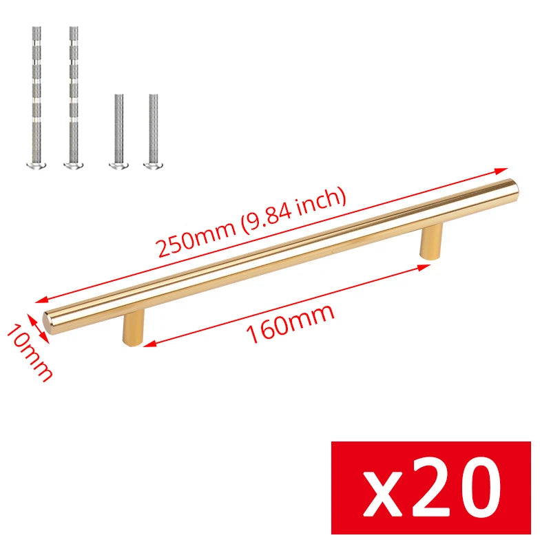 KAK 20pcs Brushed Gold Kitchen Handle Stainless Steel T Bar Door Pull 76mm 96mm Cabinet Knobs and Handles Black Furniture Handle