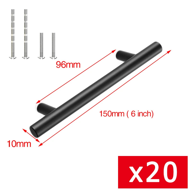 KAK 20pcs Brushed Gold Kitchen Handle Stainless Steel T Bar Door Pull 76mm 96mm Cabinet Knobs and Handles Black Furniture Handle