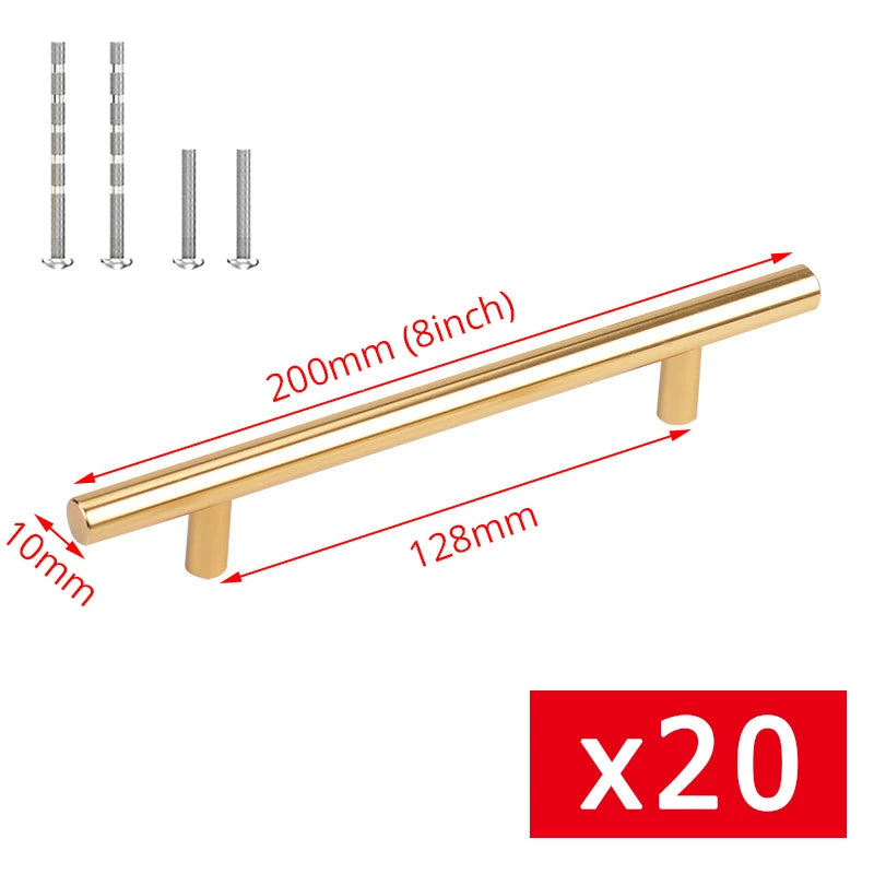 KAK 20pcs Brushed Gold Kitchen Handle Stainless Steel T Bar Door Pull 76mm 96mm Cabinet Knobs and Handles Black Furniture Handle