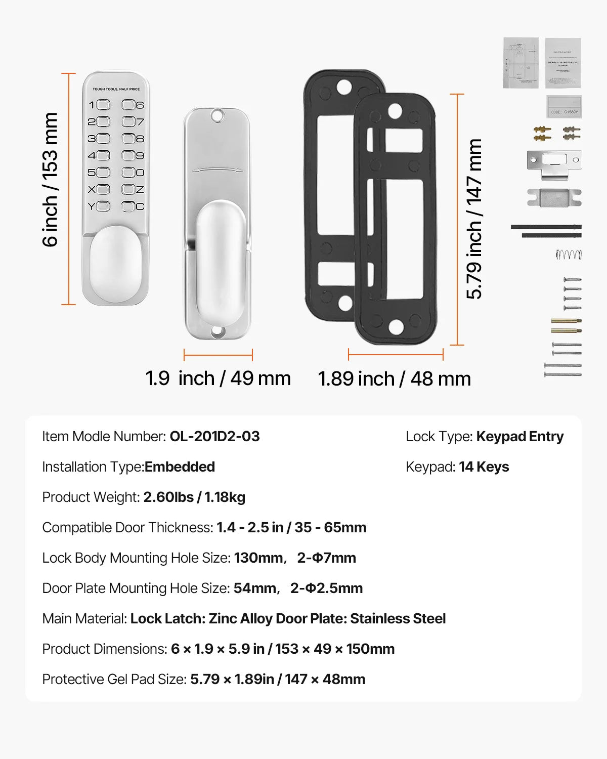 SucceBuy Mechanical Keyless Entry Door Lock 14 Key Mechanical Door Lock Mechanical Keypad Door Knob Single-Side Keyless Lock