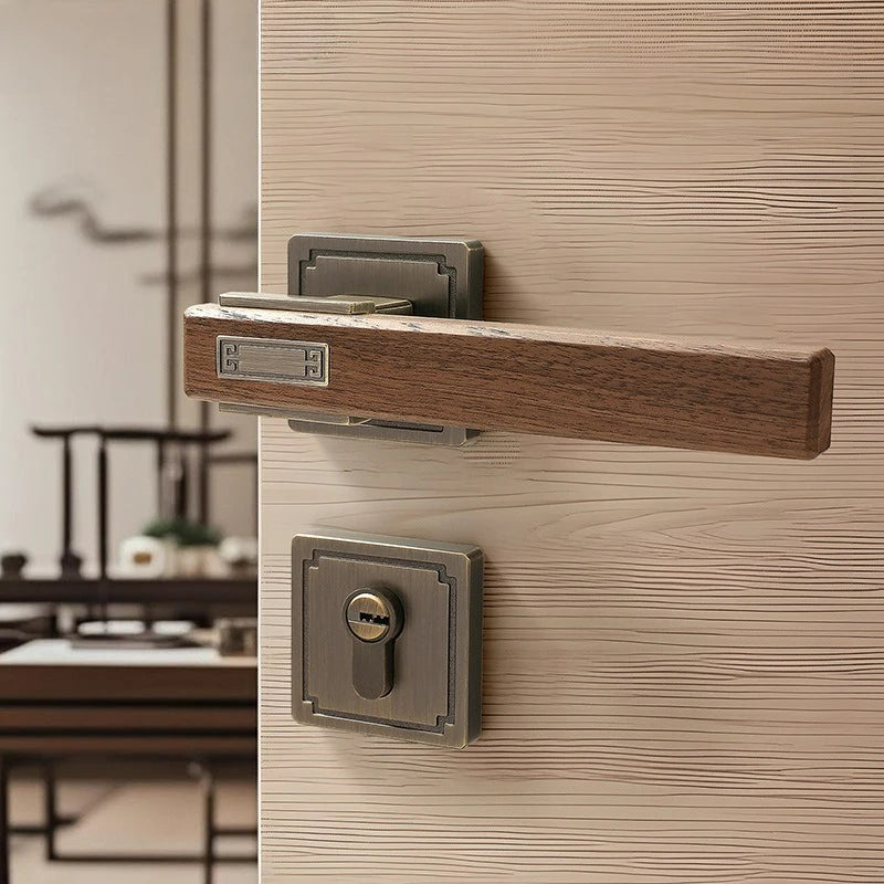 Chinese Style Indoor Household Bedroom Door Lock Magnetic/silent Split Walnut Wood Door Handle Lock