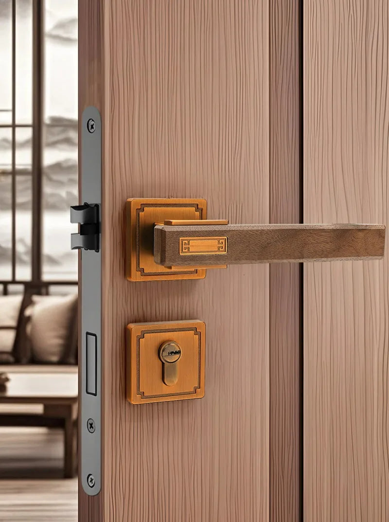 New Chinese Style Walnut Interior Room Bedroom Door Lock, Household Split Magnetic/silent Door Lock, Wooden Door Handle Lock