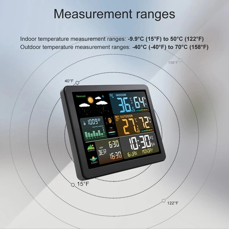 Wireless Weather Station with Colorful Display, Wall Digital Clock, Dual Alarm Clock, Barometer, Thermometer, Hygrometer