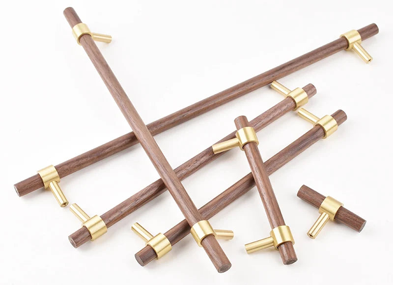 Nordic Beech Walnut Wooden Handle Drawer Knobs Wardrobe T Bar Long Handle Cupboard Knob Kitchen Cabinet Pulls Furniture Hardware