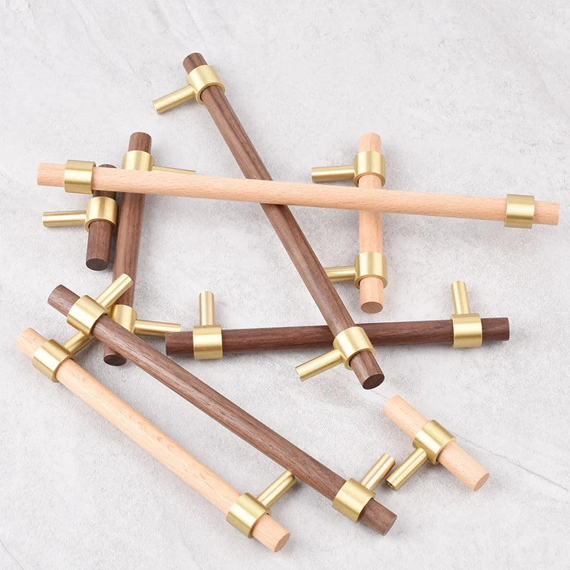 Nordic Beech Walnut Wooden Handle Drawer Knobs Wardrobe T Bar Long Handle Cupboard Knob Kitchen Cabinet Pulls Furniture Hardware