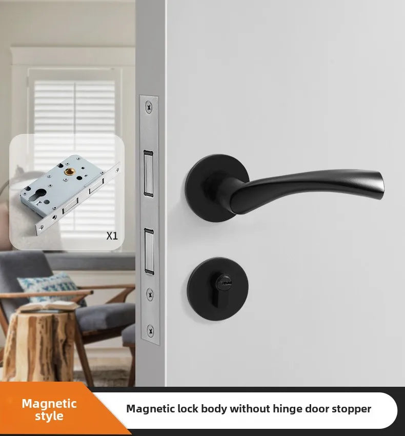 Black American Style Indoor Door Lock, Integrated Magnetic Silent Wooden Door Handle, Universal Home Bedroom Lock
