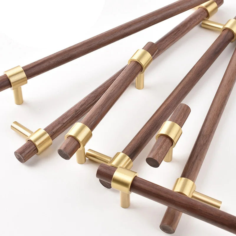 Nordic Beech Walnut Wooden Handle Drawer Knobs Wardrobe T Bar Long Handle Cupboard Knob Kitchen Cabinet Pulls Furniture Hardware