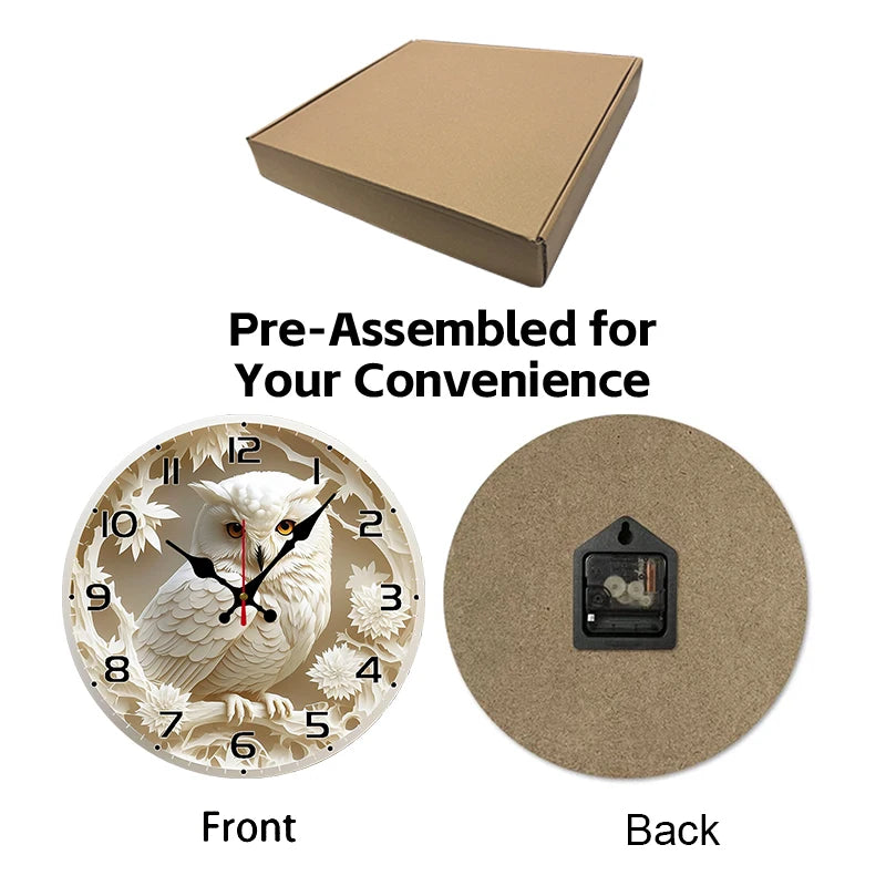 White Owl Wooden Round Silent Hanging Wall Clock, Suitable For Living Room, Office, Study Room, Bedroom, Home Decoration