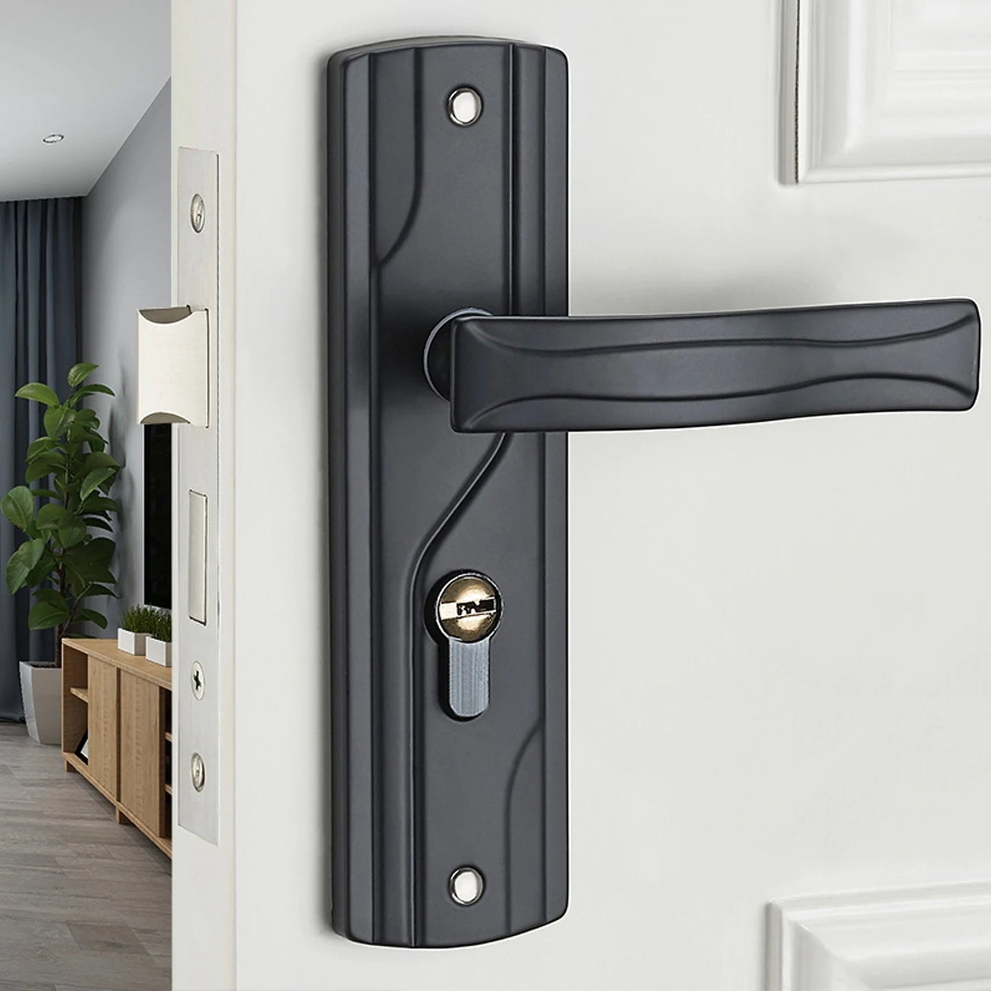 Door Handle Lock Manganese Steel Silent Bearing Universal Door Lever Lock Set with Keys for Home Bedroom Black Keyed Entry Lock