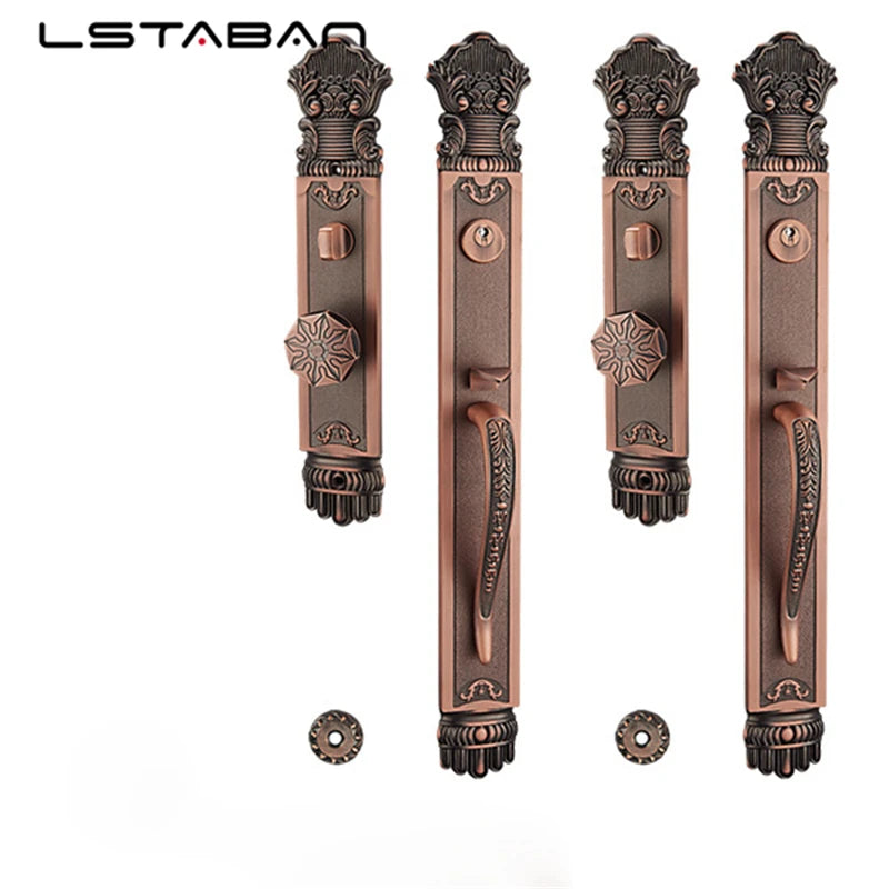 Luxury European Solid wood Villa Interior Door Lock Gate Outdoor Double Open Yellow Bronze Wooden Door Lock
