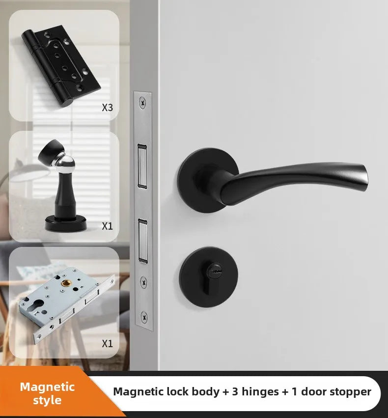 Black American Style Indoor Door Lock, Integrated Magnetic Silent Wooden Door Handle, Universal Home Bedroom Lock
