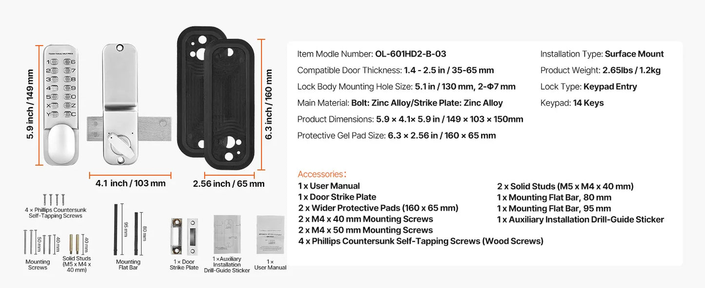 SucceBuy Mechanical Keyless Entry Door Lock 14 Key Mechanical Door Lock Mechanical Keypad Door Knob Single-Side Keyless Lock