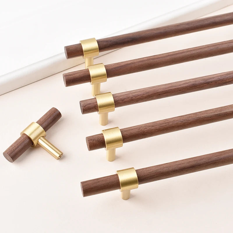Nordic Beech Walnut Wooden Handle Drawer Knobs Wardrobe T Bar Long Handle Cupboard Knob Kitchen Cabinet Pulls Furniture Hardware