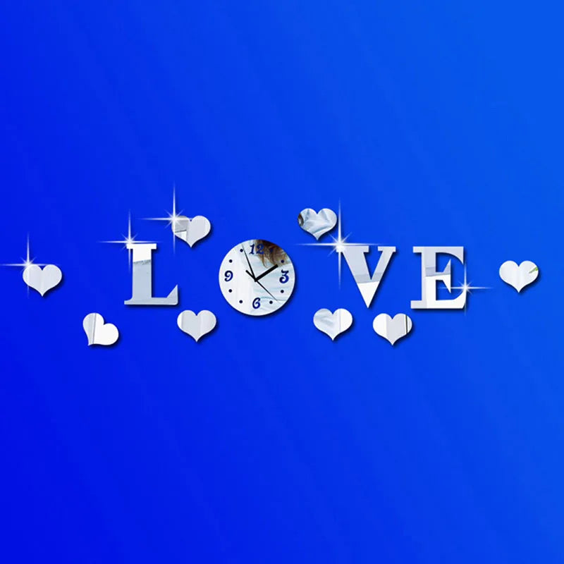 Acrylic DIY 3D Crystal Mirror Decorative ‘’love‘’ Wall Quartz Clock Home Decor Living Room Kitchen Clocks Home Modern Decoration
