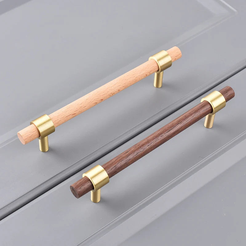 Nordic Beech Walnut Wooden Handle Drawer Knobs Wardrobe T Bar Long Handle Cupboard Knob Kitchen Cabinet Pulls Furniture Hardware