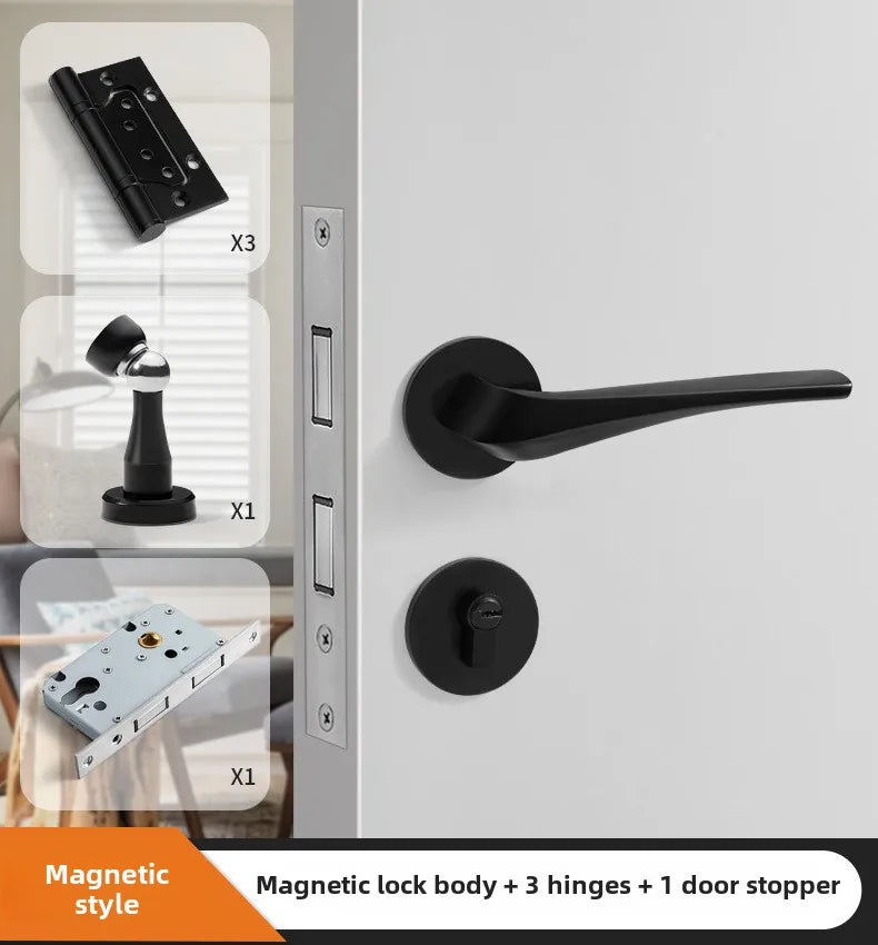 Black American Style Indoor Door Lock, Integrated Magnetic Silent Wooden Door Handle, Universal Home Bedroom Lock