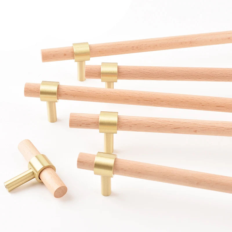 Nordic Beech Walnut Wooden Handle Drawer Knobs Wardrobe T Bar Long Handle Cupboard Knob Kitchen Cabinet Pulls Furniture Hardware