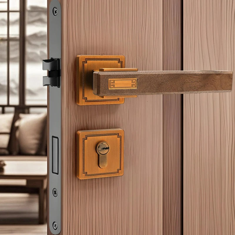 Chinese Style Indoor Household Bedroom Door Lock Magnetic/silent Split Walnut Wood Door Handle Lock
