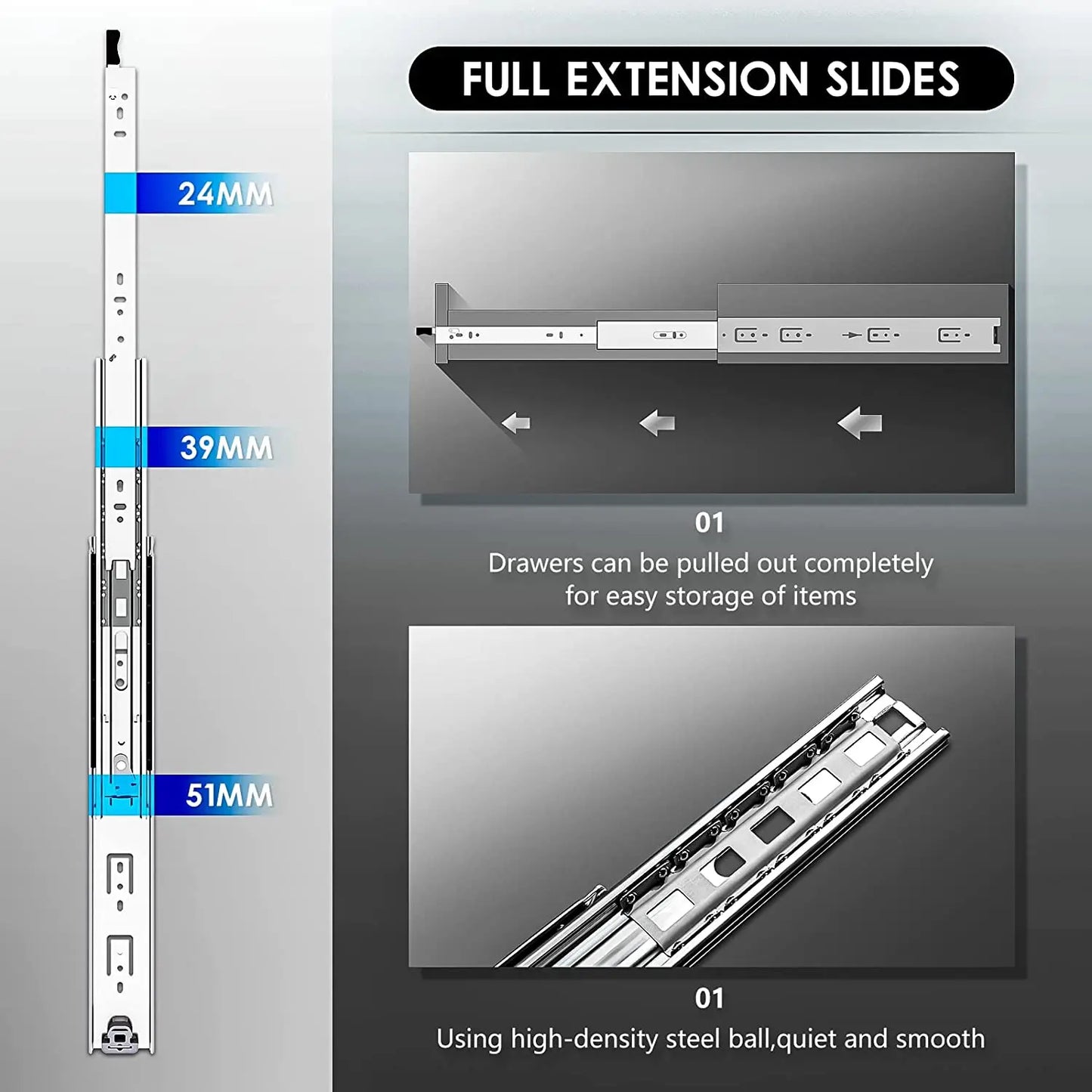 YOUTHUA 51mm Heavy Duty 68kg Drawer Slide Rail Runners Full Extension Industrial Drawer Slides Sliding Door Hardware Furniture