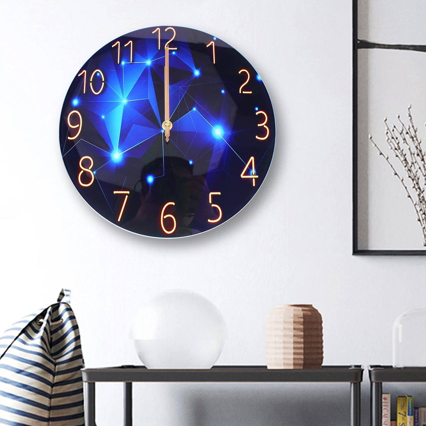12inch Round Ultra-Thin Tempered Glass Wall Clock, Diamond Large Wall Clock, Blue Round Interior Modern Decorative Silent