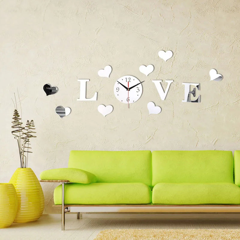 Acrylic DIY 3D Crystal Mirror Decorative ‘’love‘’ Wall Quartz Clock Home Decor Living Room Kitchen Clocks Home Modern Decoration