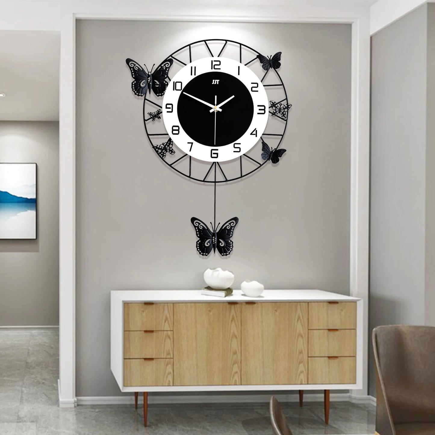 20inch Large Round Butterfly Wall-mounted Clock Creative Iron Craft Modern Metal Quartz Clock Home Living Room Decor