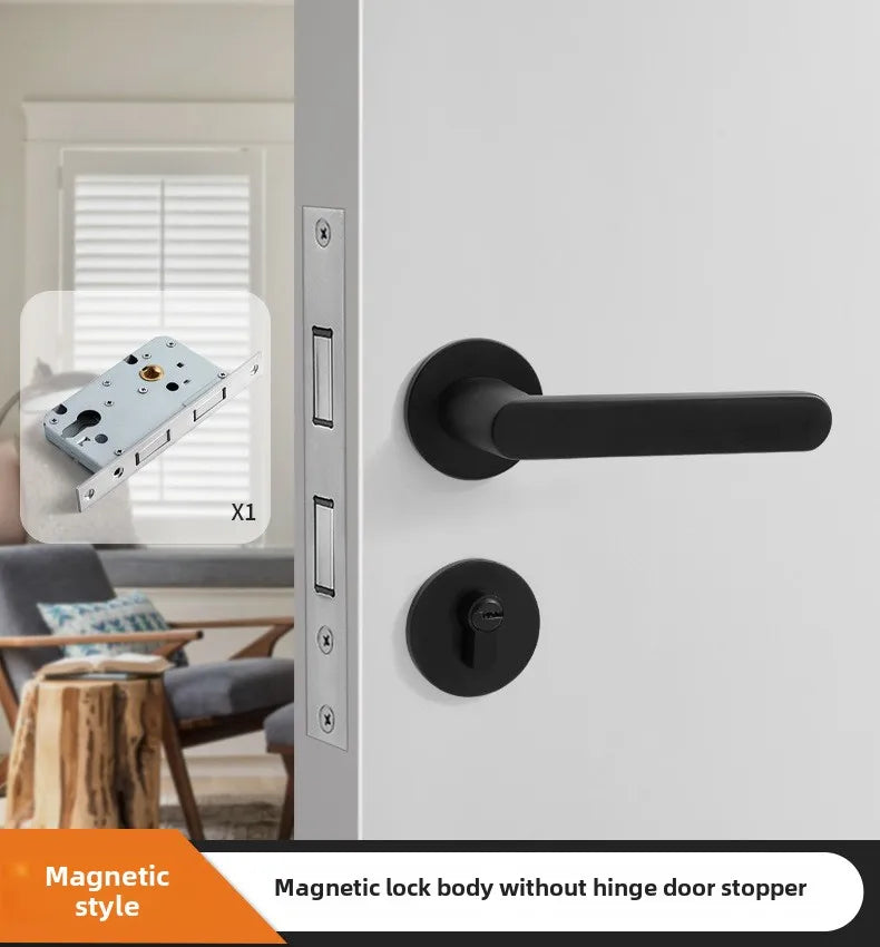 Black American Style Indoor Door Lock, Integrated Magnetic Silent Wooden Door Handle, Universal Home Bedroom Lock