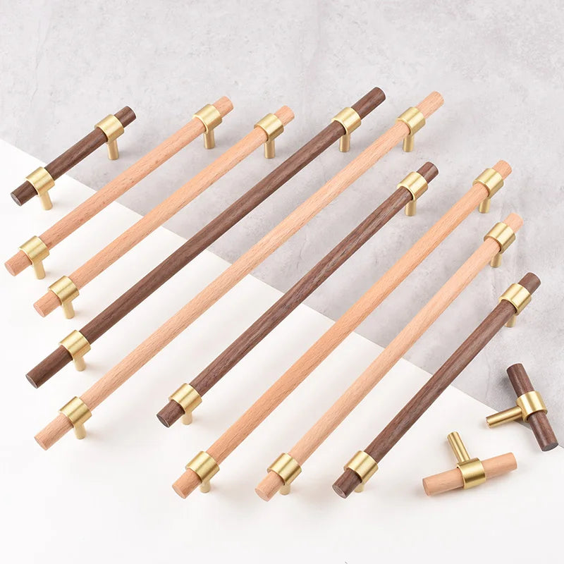 Nordic Beech Walnut Wooden Handle Drawer Knobs Wardrobe T Bar Long Handle Cupboard Knob Kitchen Cabinet Pulls Furniture Hardware