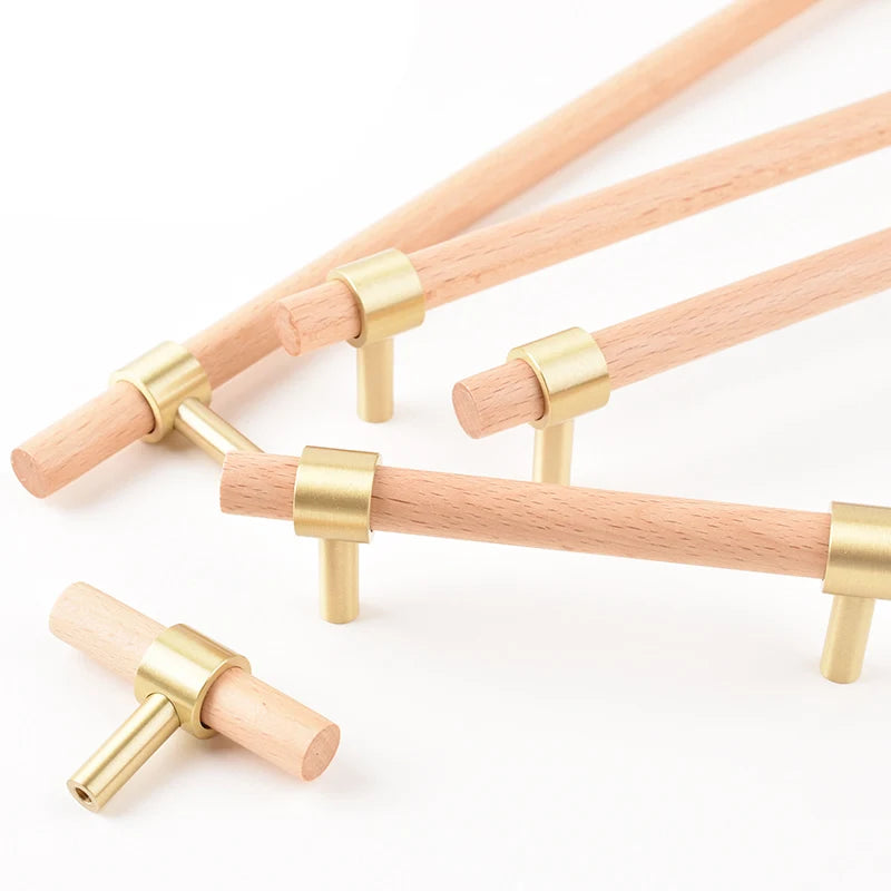Nordic Beech Walnut Wooden Handle Drawer Knobs Wardrobe T Bar Long Handle Cupboard Knob Kitchen Cabinet Pulls Furniture Hardware