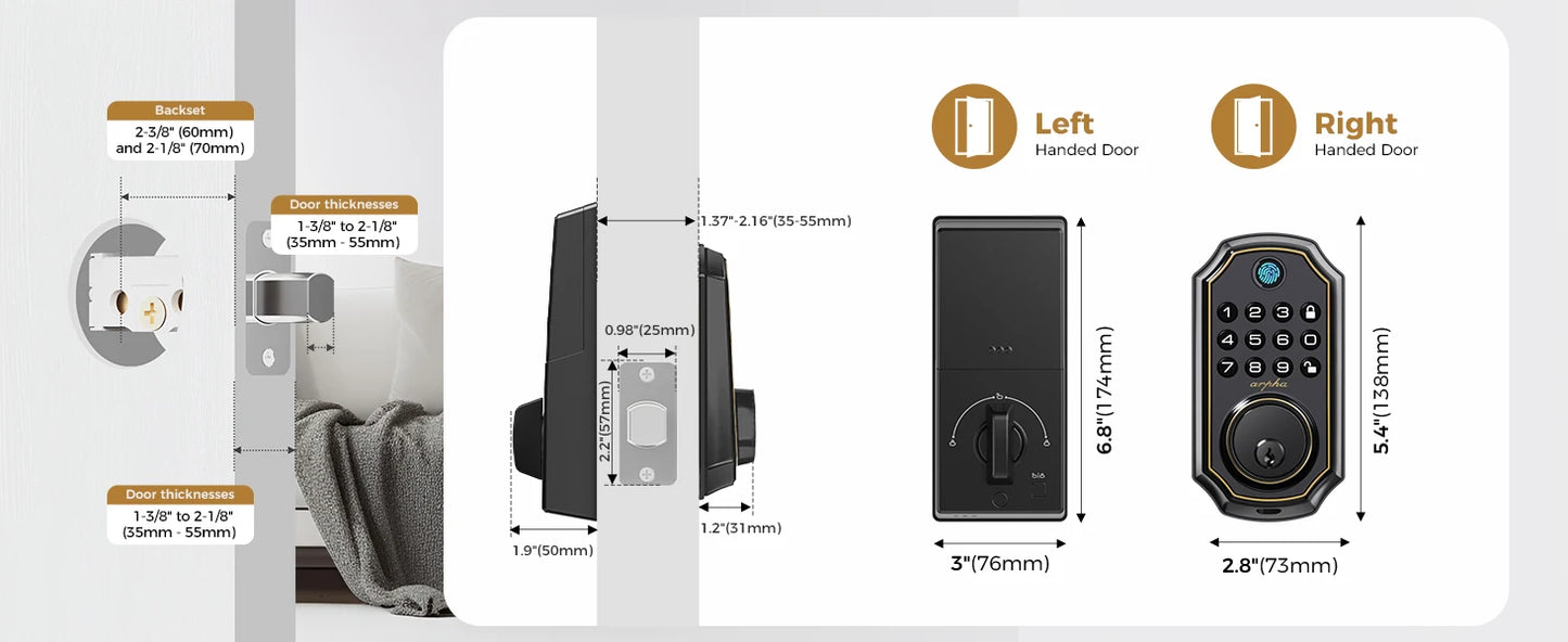 Arpha D280 Keyless Entry Door Lock 5-in-1 Smart Fingerprint Deadbolt with Keypad Electronic Deadbolt Auto-Lock One Touch Lock
