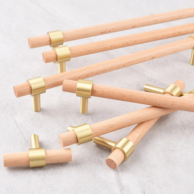 Nordic Beech Walnut Wooden Handle Drawer Knobs Wardrobe T Bar Long Handle Cupboard Knob Kitchen Cabinet Pulls Furniture Hardware