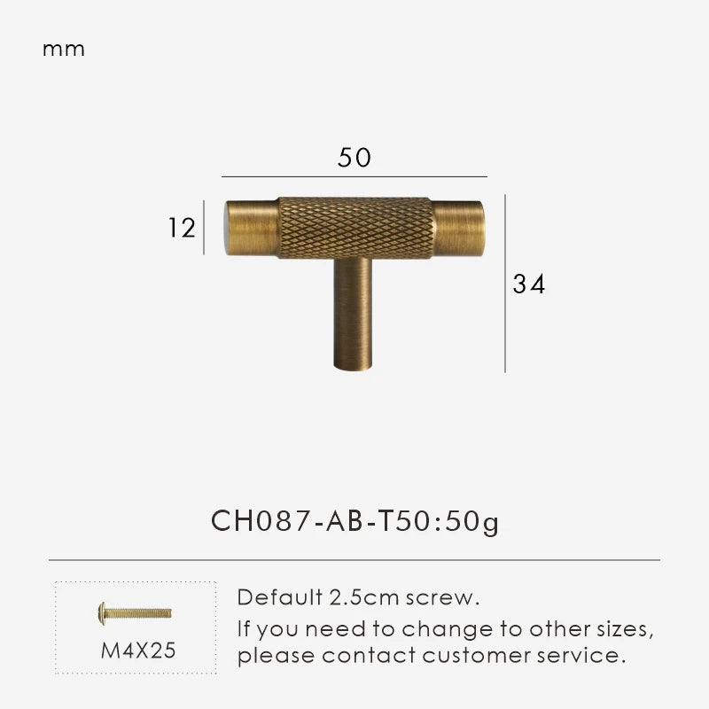 Nurlin Solid Brass Knurled Cabinet Knobs Wardrobe Handle T-bar Antique Bronze Gold Black Handle Available In Multiple Sizes