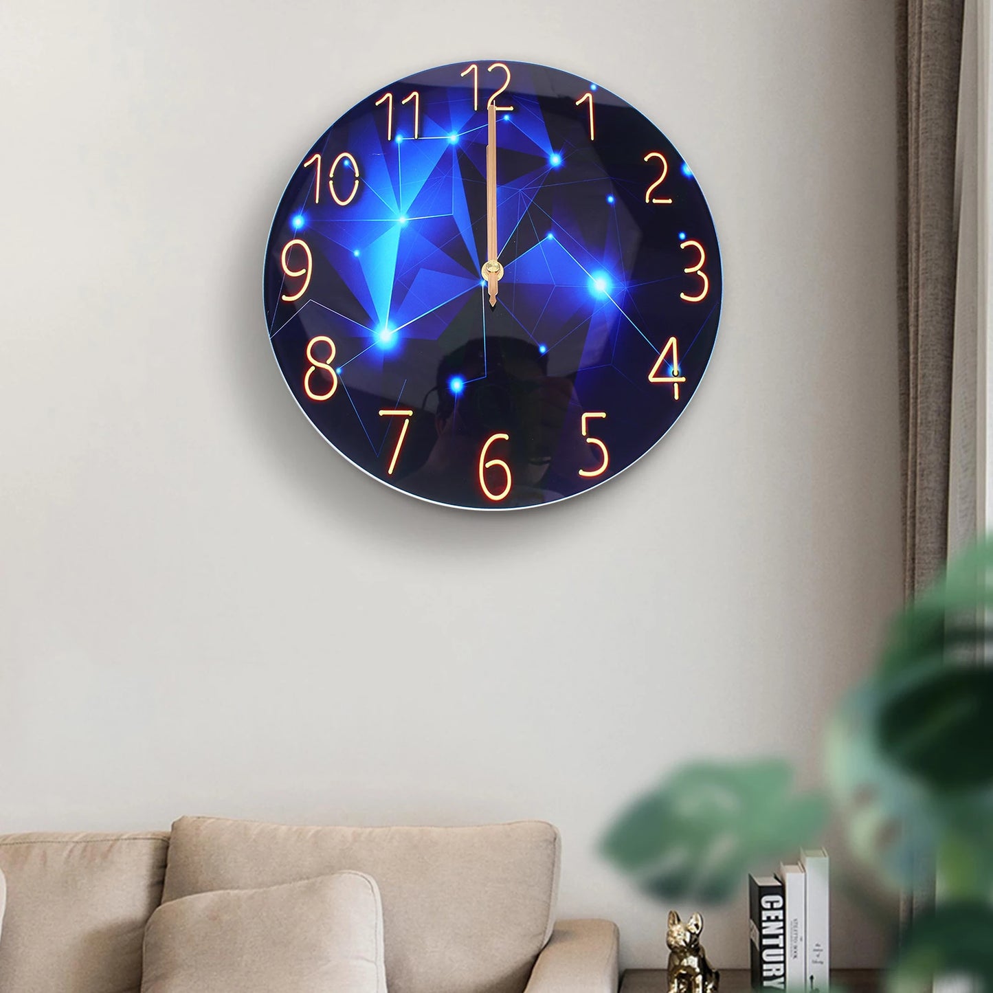 12inch Round Ultra-Thin Tempered Glass Wall Clock, Diamond Large Wall Clock, Blue Round Interior Modern Decorative Silent
