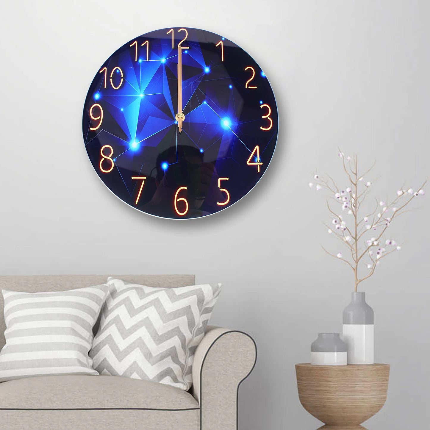 12inch Round Ultra-Thin Tempered Glass Wall Clock, Diamond Large Wall Clock, Blue Round Interior Modern Decorative Silent