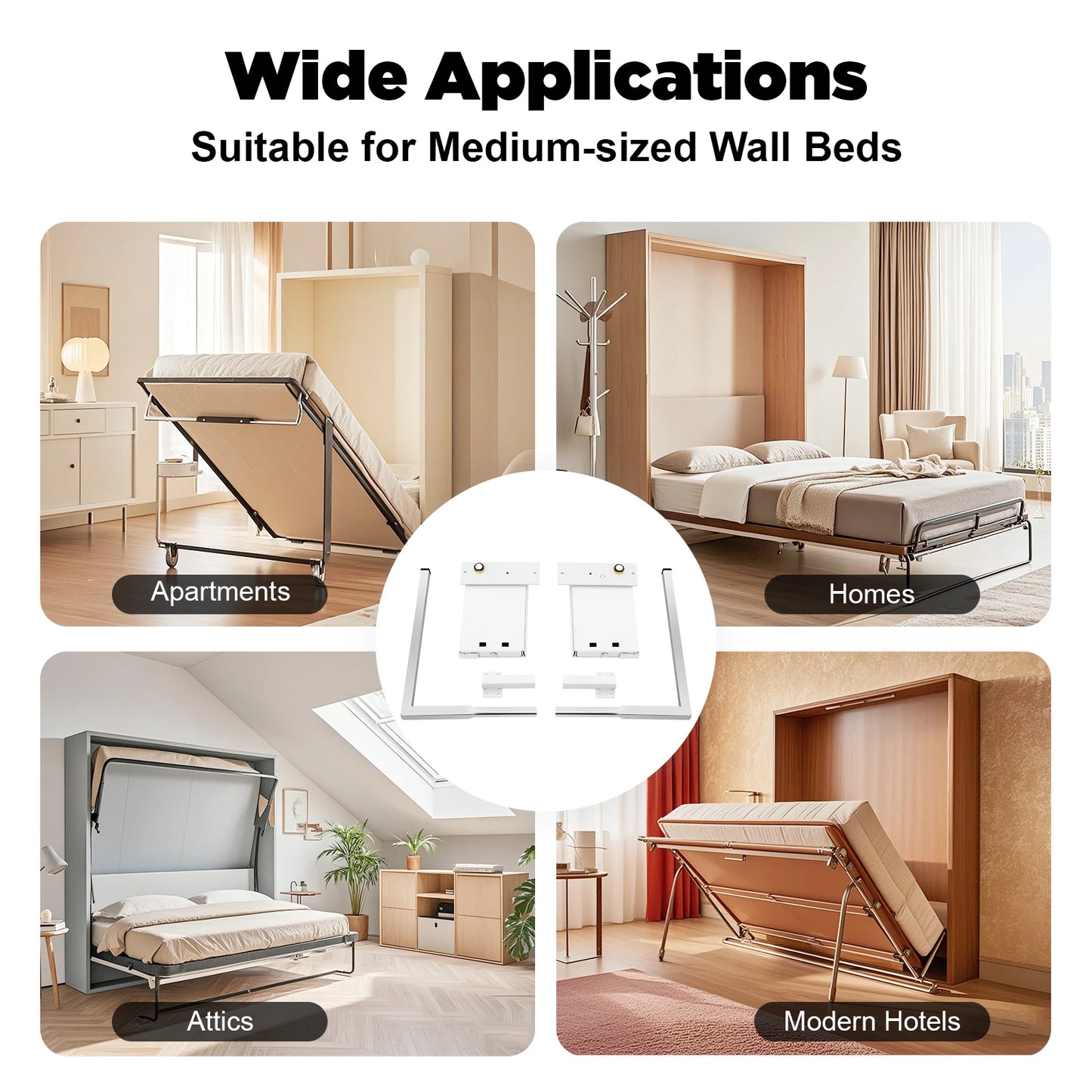 27*34.5cm Silver+ White Wall Bed Hinge Kit, 198kg Load-bearing Metal Bed Hinge Kit Suitable for Medium-sized Wall Beds
