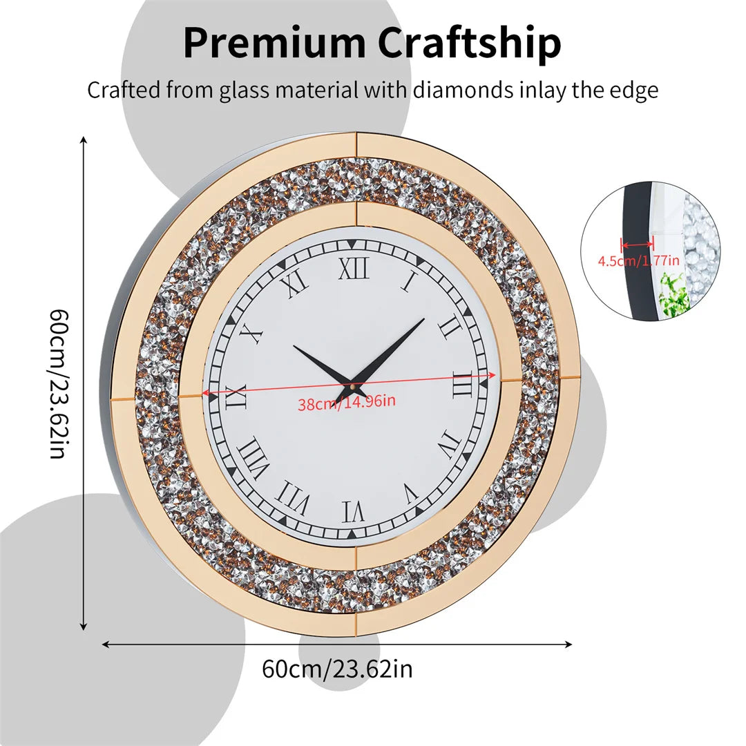 LUVODI 32inch Modern 3D Wall Clock Large Diamond Crystal Living Room Kitchen Bedroom Hall Clock with Roman Numerals