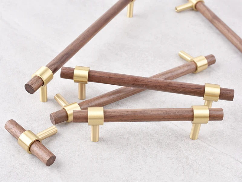 Nordic Beech Walnut Wooden Handle Drawer Knobs Wardrobe T Bar Long Handle Cupboard Knob Kitchen Cabinet Pulls Furniture Hardware