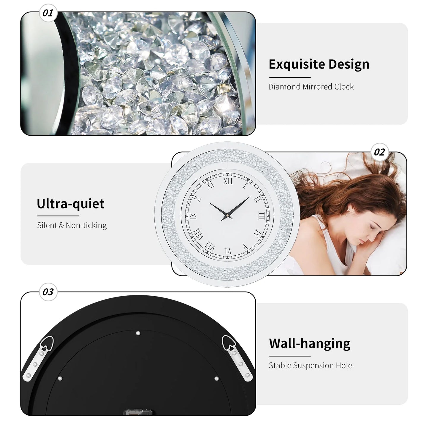 Silver,Tawny Tinted Round Mirror ,24inch Crystal Sparkle Twinkle Bling Crush Diamond Large Mirrored Wall Clock for Living Room