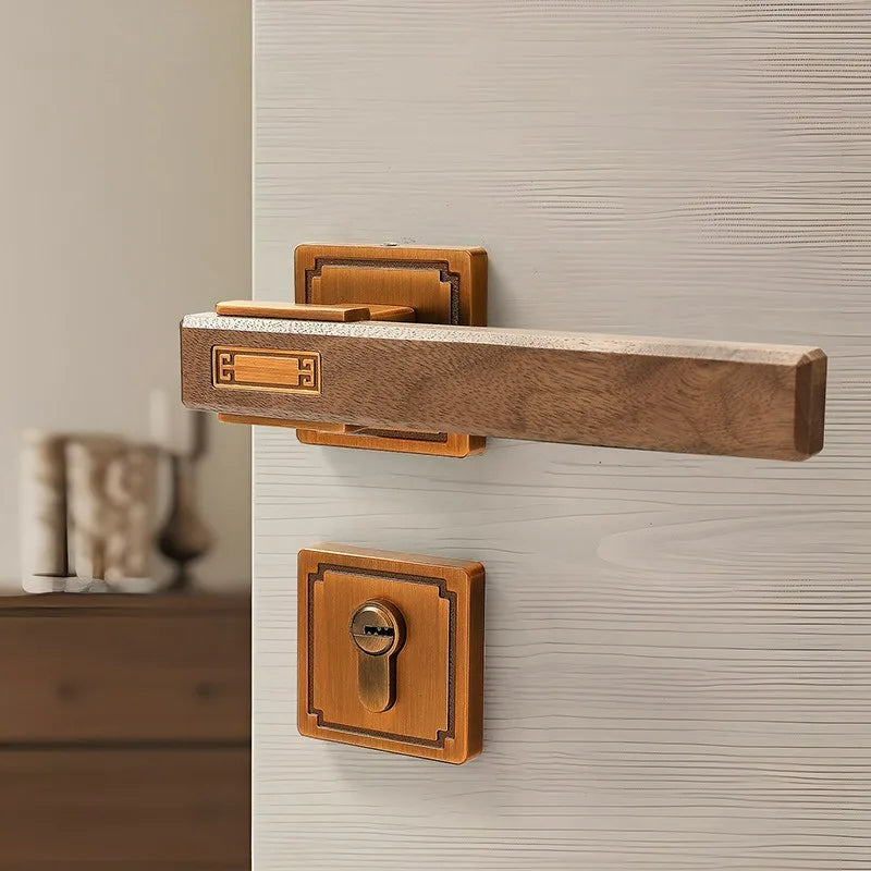 New Chinese Style Walnut Interior Room Bedroom Door Lock, Household Split Magnetic/silent Door Lock, Wooden Door Handle Lock
