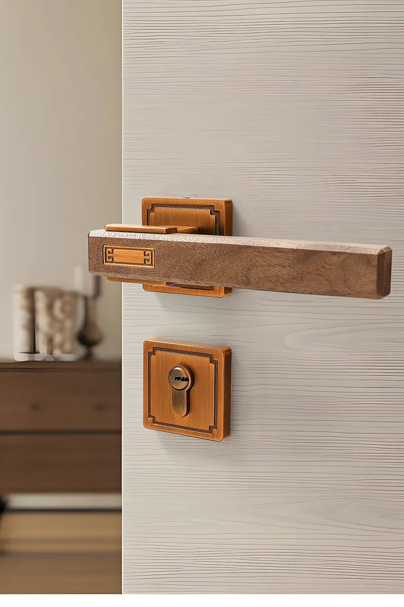 Chinese Style Indoor Household Bedroom Door Lock Magnetic/silent Split Walnut Wood Door Handle Lock