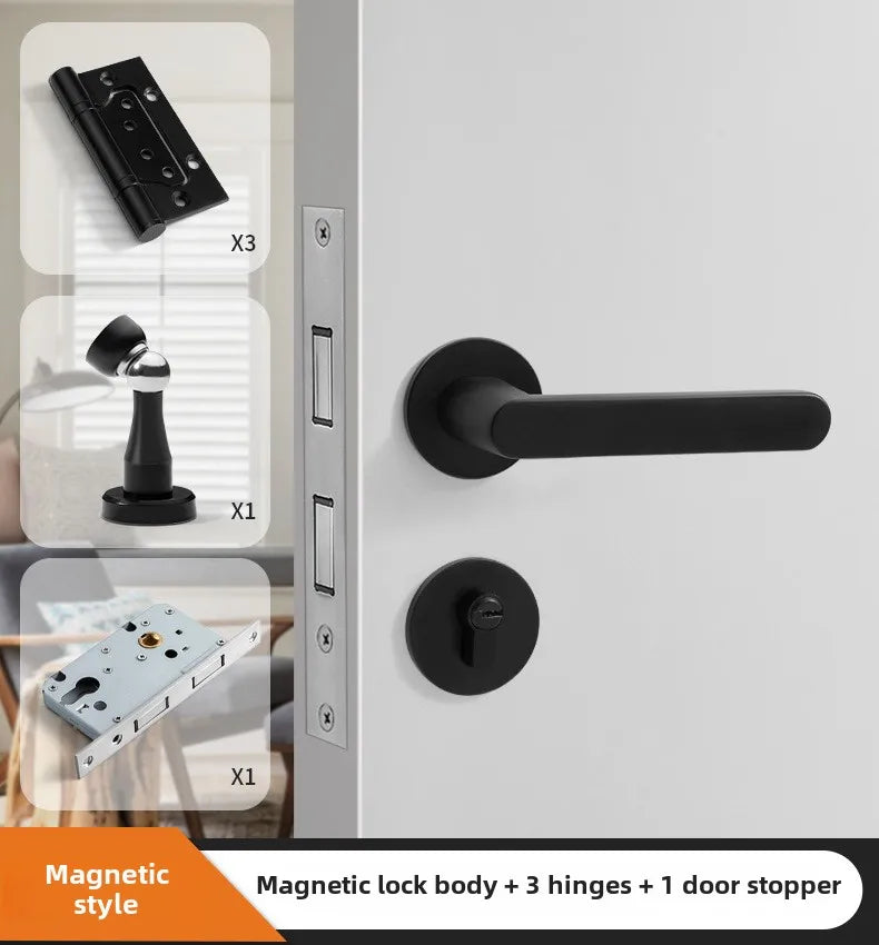 Black American Style Indoor Door Lock, Integrated Magnetic Silent Wooden Door Handle, Universal Home Bedroom Lock