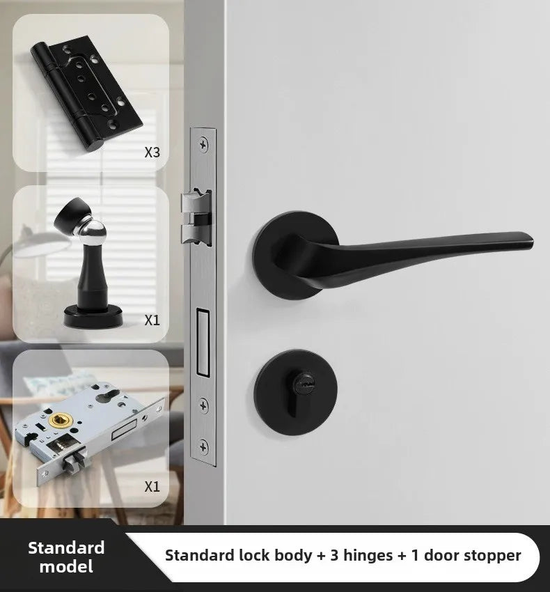 Black American Style Indoor Door Lock, Integrated Magnetic Silent Wooden Door Handle, Universal Home Bedroom Lock