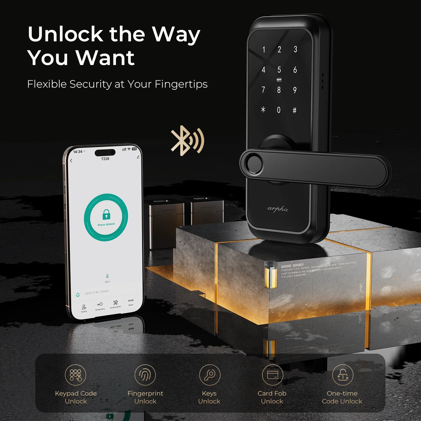 Arpha Smart Lock T228 5-in-1 Entry Keyless Entry Door Lock Fingerprint Keyless Entry Door Lock Anti-Peep Keypad Code Waterproof