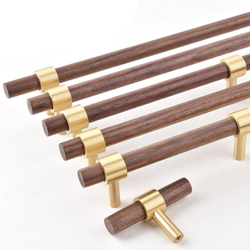 Nordic Beech Walnut Wooden Handle Drawer Knobs Wardrobe T Bar Long Handle Cupboard Knob Kitchen Cabinet Pulls Furniture Hardware